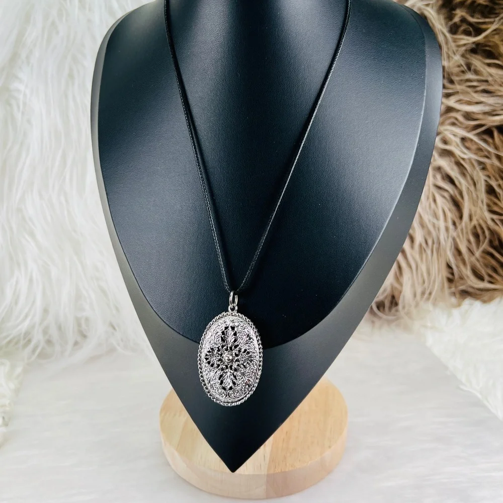 Vintage Aged Silvertone Weighted Pendant + Free 16” Black Cord Necklace